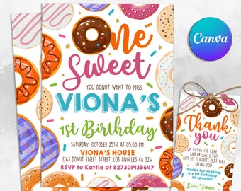 Donut Invitation, Donut Birthday Party Invitation, Two Sweet Invitation, Donut 2nd Birthday, Any Age Invitation, Editable in Canva
