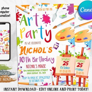 Art Birthday Invitation, Art in Party Birthday Party Invite, Watercolor Colorful Rainbow Paint Party, Art Painting Artist Birthday Invite