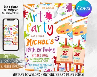 Puede incluir: Invitación editable para una fiesta de arte con salpicaduras de pintura de colores, pinceles y un caballete. El texto dice "Únete a nosotros para una fiesta de arte para celebrar el cumpleaños número 10 de Nichol".