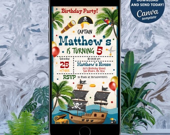 May include: A digital invitation for a pirate-themed birthday party for a boy named Matthew turning 5. The invitation features a cartoon pirate ship, a treasure chest, a telescope, a parrot, and palm trees. The text on the invitation reads "Birthday Party! Captain Matthew's is turning 5. Saturday, October 25 at 04:00 pm. Matthew's House, 2675 Birthday Street, San Miami, TX 7856. RSVP to Mack at 3875624118975."