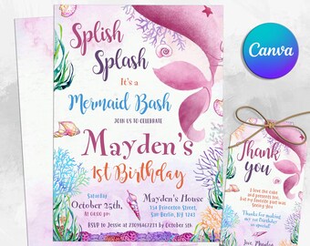 Meerjungfrau-Geburtstagseinladung, Mermaid Bash unter dem Meer-Geburtstag einladen, Mermaid lädt ein, bearbeitet in Canva