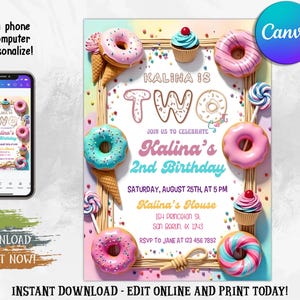 Two Sweet Birthday Invitation, Girls 2nd Birthday Invite, Candy Sweets Donut Ice Cream Cupcake, Dessert Invite, All Text is Editable