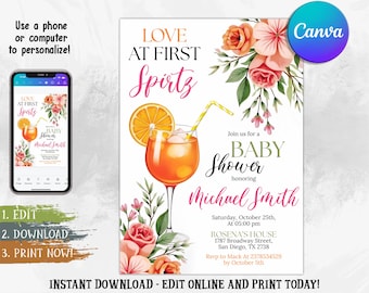 Love at First Spritz Bridal Shower Invitation | Aperol Spritz Bridal Shower Invite | Citrus Brunch Orange Floral Template