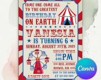 Vintage Carnival Birthday Invitation, Circus Party Invite, Carnival Circus Invitation, Any Age, Editable Canva Template