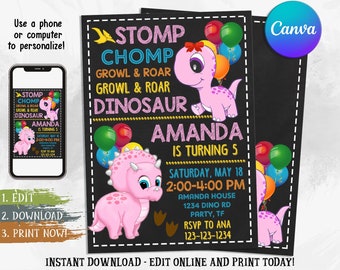 Girl Dinosaur Invitation, Girl Dinosaur Birthday Invitation, Girl Dinosaur Chalkboard Invitation, Dinosaur Invitation, Editable with Canva