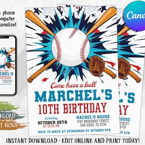 Baseball Birthday Invitation, Baseball Party Invites, Sports Party Birthday Invite, Any Age, Digital Editable Printable