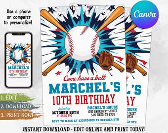 Baseball Birthday Invitation, Baseball Party Invites, Sports Party Birthday Invite, Any Age, Digital Editable Printable