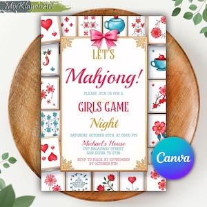 Mahjong-inbjudan, spelkvällsfest, rosa rosett-kokettstil, redigerbar Canvas-mall