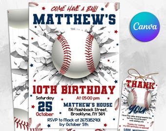 May include: Baseball-themed birthday invitation with a baseball breaking through a cracked wall. The invitation is for Matthew's 10th birthday party on October 25th at 5:00 pm. The invitation includes the address and RSVP information. A free thank you tag is also included with a baseball breaking through a cracked wall and the text "Thank You".