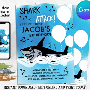 Editable Shark Invitation, Shark Birthday Invitation, Shark Party Invitation, Shark attck Party Invite, Under the Sea, Pool Party, Summer