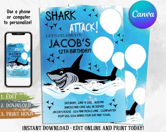 Puede incluir: Una invitación de fiesta de cumpleaños azul y blanca con un tiburón de dibujos animados saltando fuera del agua. La invitación dice "Shark Attack! Let's Celebrate Jacob's 12th Birthday!" e incluye detalles sobre la fiesta, incluyendo la fecha, la hora, la ubicación y la información de RSVP.