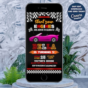 Eletronic Race Car Invitation, Race Car Birthday Party Invitation, Race Car Evite, Racing Car Phone Invitation, Editable with Canva