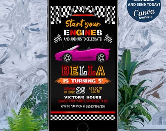 Eletronic Race Car Invitation, Race Car Birthday Party Invitation, Race Car Evite, Racing Car Phone Invitation, Editable with Canva