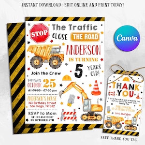 Modern Construction Birthday Invitation, EDITABLE Dump Trucks Party Invite Template, Boy Outdoor Birthday, Excavator, Instant Download