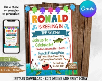 May include: A printable invitation for a birthday party with a fishing theme. The invitation is decorated with colorful fish, a fishing rod, and a red and white buoy. The text on the invitation reads "Ronald is reeling in the big one!" and includes the date, time, and location of the party.