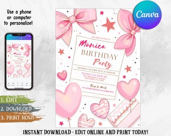 Invitación de cumpleaños con lazo rosa, plantilla editable Coquette Girl, invitación imprimible con corazón de cinta, descarga digital, tarjeta de cumpleaños glamurosa en Canva