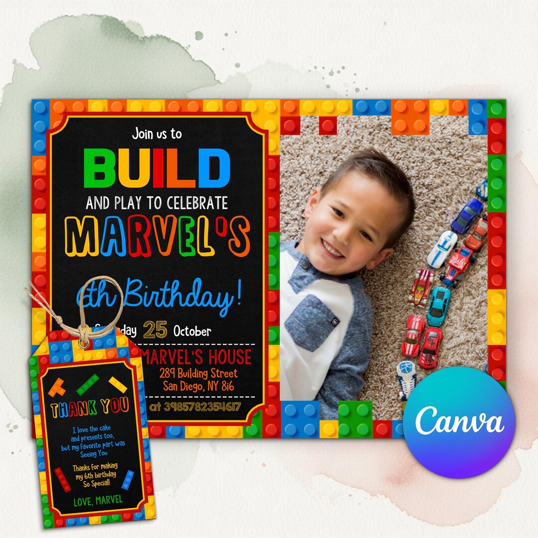 Building Blocks Birthday Party Invitation With Photo, Colorful Bricks ...