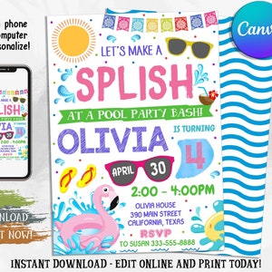Pool Party Invitation, Pool Party Birthday Invite, Summer Pool Party Bash Printable Invitation, Swimming Party, Flamingo, Splash Pad Party