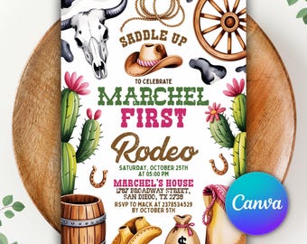 Invitación para primer cumpleaños de rodeo, invitación para primera fiesta vaquera del oeste, descarga digital de género neutro "Silla de montar", plantilla editable de Canva