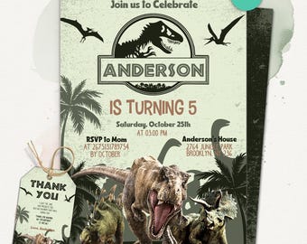 May include: A dinosaur-themed birthday invitation and matching thank you tag featuring a T-Rex, Triceratops, and Stegosaurus. The text reads Join us to Celebrate Anderson is Turning 5, Saturday, October 25th at 03:00 PM, RSVP to Mom, and Thank You.
