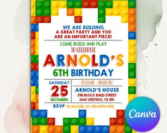 Building Blocks Birthday Invitation, Bricks Party Invite, Construction Birthday Party Theme, Editable Canva Template