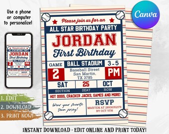 Editable Baseball Birthday Invitation, Baseball Invites, Instant Download Baseball Invitations