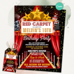 Red Carpet Birthday Party Invitation, Glamorous Hollywood Theme, Star Vip Pass Birthday Party Invite, Editable Canva Template