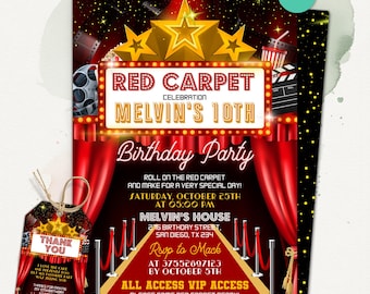 Red Carpet Birthday Party Invitation, Glamorous Hollywood Theme, Star Vip Pass Birthday Party Invite, Editable Canva Template
