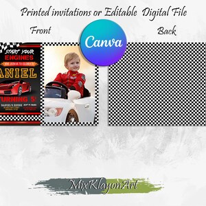 May include: A printable or digital invitation for a 5th birthday party with a race car theme. The invitation features a red race car, a checkered flag, and the text "Start Your Engines and Join Us to Celebrate Daniel is Turning 5!"