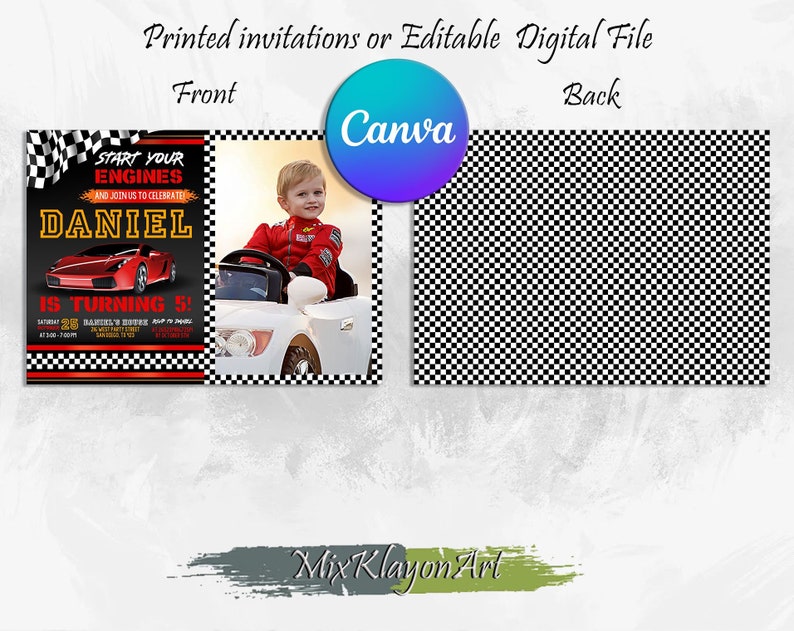 May include: A printable or digital invitation for a 5th birthday party with a race car theme. The invitation features a red race car, a checkered flag, and the text "Start Your Engines and Join Us to Celebrate Daniel is Turning 5!"