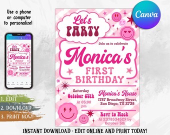 Faire-part d'anniversaire smiley rétro rose modifiable, modèle de toile de fête preppy groovy, invitation imprimable damier ondulé