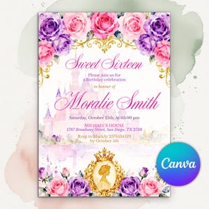 May include: A birthday invitation with a floral design. The invitation features pink and purple roses, a castle illustration, and the text "Sweet Sixteen" and "Moralie Smith". The Canva logo is in the bottom right corner.