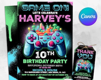 Invito di compleanno per videogiochi, invito per festa per ragazzi giocatori, invito per festa arcade, invito di compleanno Level Up, modello Canva modificabile