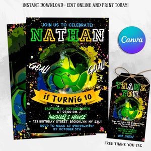 Editable Soccer Birthday Invitation Card Template, Football Invitation Soccer Invitation Card Template, Editable in Canva