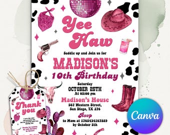 Cowgirl Birthday Invitation, Nashville Party Invite, Space Cowgirl Birthday Party, Disco Rodeo Invitation, Editable Canva Template