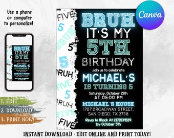 Boy 5th Birthday Invitation, Bruh It's My Birthday Invitation, Boy Number Invitation, Bruh Invitation, Editable Canva Template