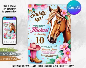 Editable Horse Birthday Invitation, Cowgirl Invite, Horse Birthday, Horse Invite, Cowgirl Party, Pink Floral Birthday Invitation, Template