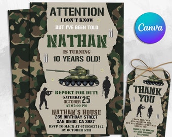Army Invitation, Army Birthday Invitation, Military Party Invitations, Soldier Birthday Invitation, Military Invite, Camouflage Any Age