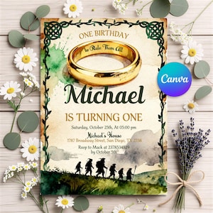 May include: An invitation for Michael's first birthday, featuring a gold ring with the inscription "to Rule Them All." The design includes a watercolor illustration of a ring, text, and a silhouette of figures walking. The invitation is decorated with flowers.