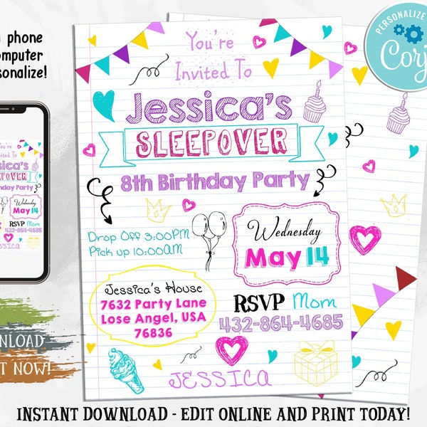 Teen Invitation Sleepover, Tween Birthday Invitation, Notebook doodle invitation ,Sleepover invitation, Slumber party invitation