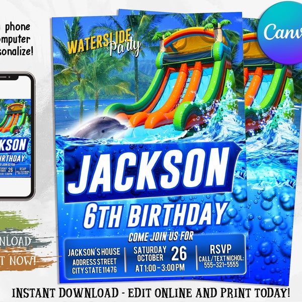 Water Slide Birthday Invitation, Waterslide Birthday Invitation, Water Birthday Invitation, Waterslide Birthday Party, Editable with Canva
