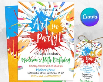 Art Birthday Party Invitation, Art in Party Birthday Party Invite, Art Painting Artist Birthday Invitation, Editable in Canva