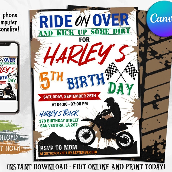 Dirt Bike Invitation, Dirt Bike Birthday Invitation, Dirt Bike Invites, Motorbike Invitation, Dirt Bike Party Invite, Editable in Canva