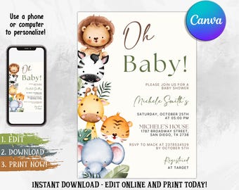 Editable Safari Animals Baby Shower Invitation: Jungle Theme (Digital Download, 5x7 in Canva Template)