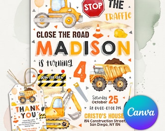 Construction Birthday Invitation, Yellow Construction Truck Party Invite, Boy Birthday Party, Digger, Dump Truck, Editable Canva Template