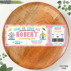 Carnival Ticket Birthday Invitation, Pink Girl Birthday Invitation, Circus Party Invitation, Carnival Invitation, Digital Canva