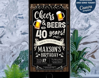 Invitación a fiesta de cumpleaños de Cheers and Beers, Invitación móvil de Cheers and Beers, Invitación para adultos, Saludos a 30 años, 40 años, 50 años