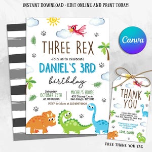 Dinosaur Birthday Invitation, Three Rex Invitation, Dinosaur Invitation, Dinosaur Invite, Three-Rex Birthday, Editable in Canva