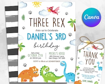 Dinosaur Birthday Invitation, Three Rex Invitation, Dinosaur Invitation, Dinosaur Invite, Three-Rex Birthday, Editable in Canva