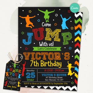 May include: A black birthday invitation and matching tag featuring colourful jumping silhouettes, stars, and text that reads Come JUMP With us! Let's Celebrate VICTOR'S 7th Birthday, Saturday 25 October, At 03:00 - 04:00 pm, VICTOR'S HOUSE, 167 Birthday Street, San Manuel, TX 267.
